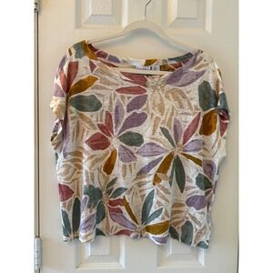 Nicole Miller New York‎ Linen Floral Top Women's L Abstract Short Sleeve